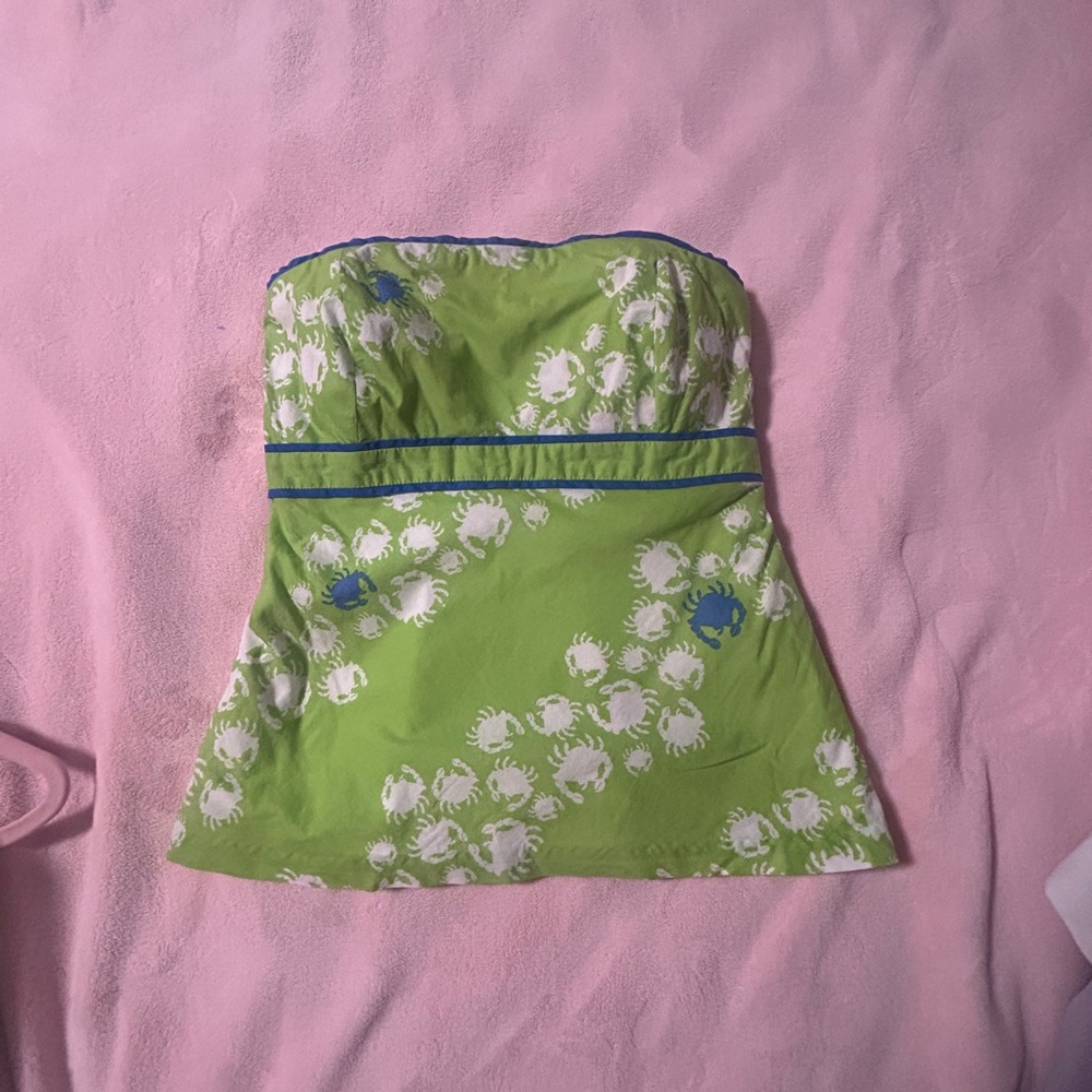 Lilly Pulitzer Green and White Strapless top with blue and white crabs!